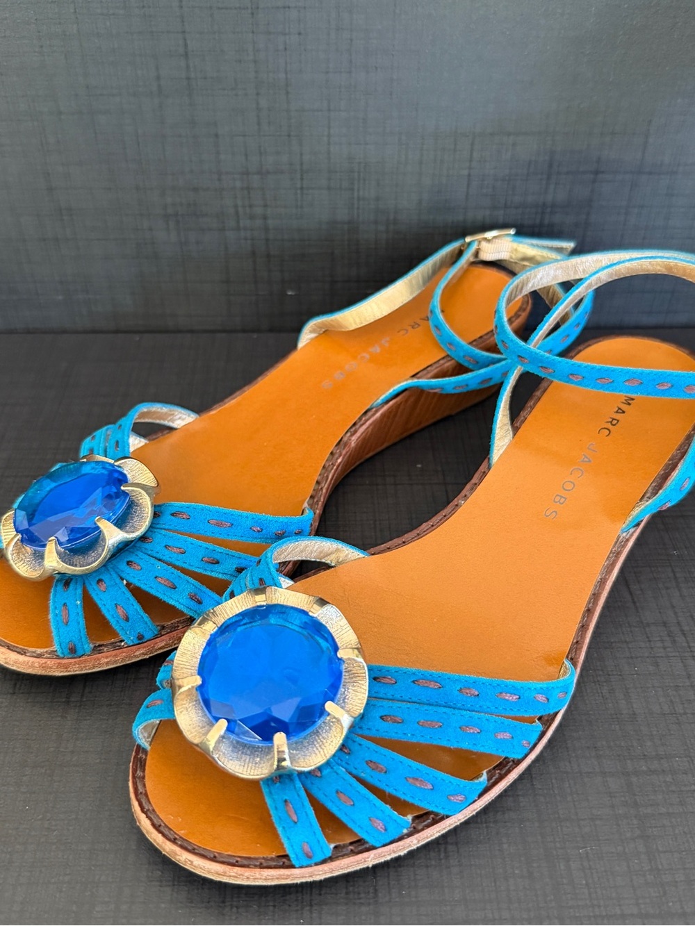 Marc Jacobs Suede Wedge Sandals 37.5 GVC Bright Pool BlueY2K BohoChic Statement